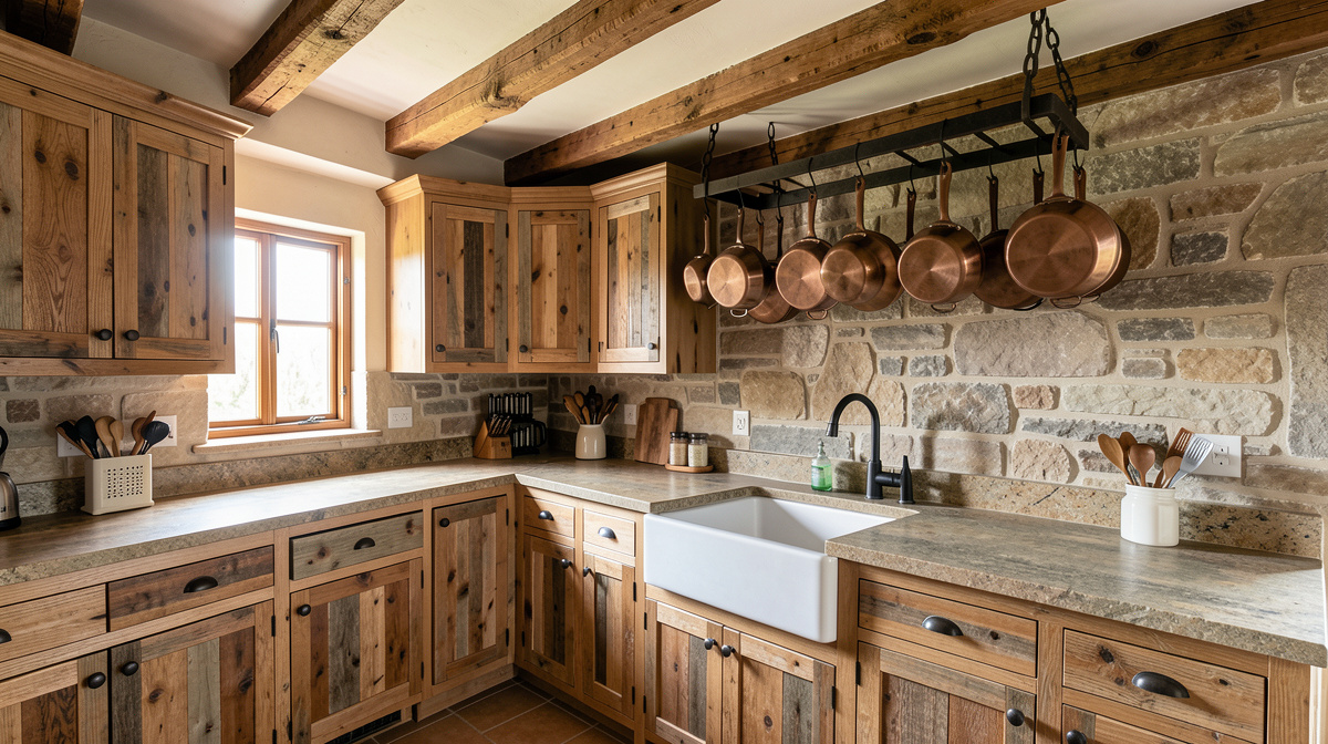 Rustic kitchen with reclaimed wood beams, stone walls, copper sink, and antique hardware