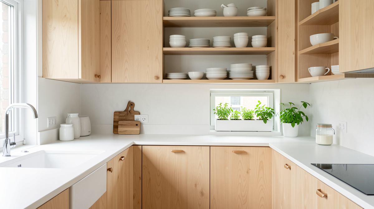 Scandinavian kitchen with light wood cabinets, white countertops, and minimal open shelving
