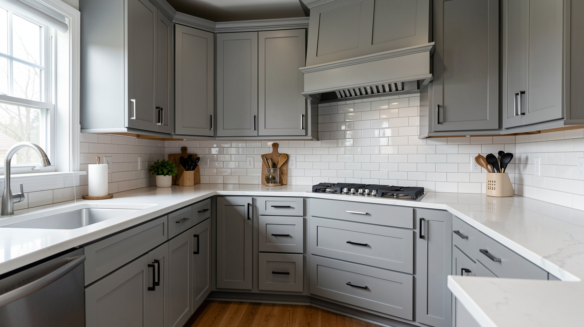 Transitional kitchen blending shaker cabinets with modern hardware, quartz counters, and herringbone tile