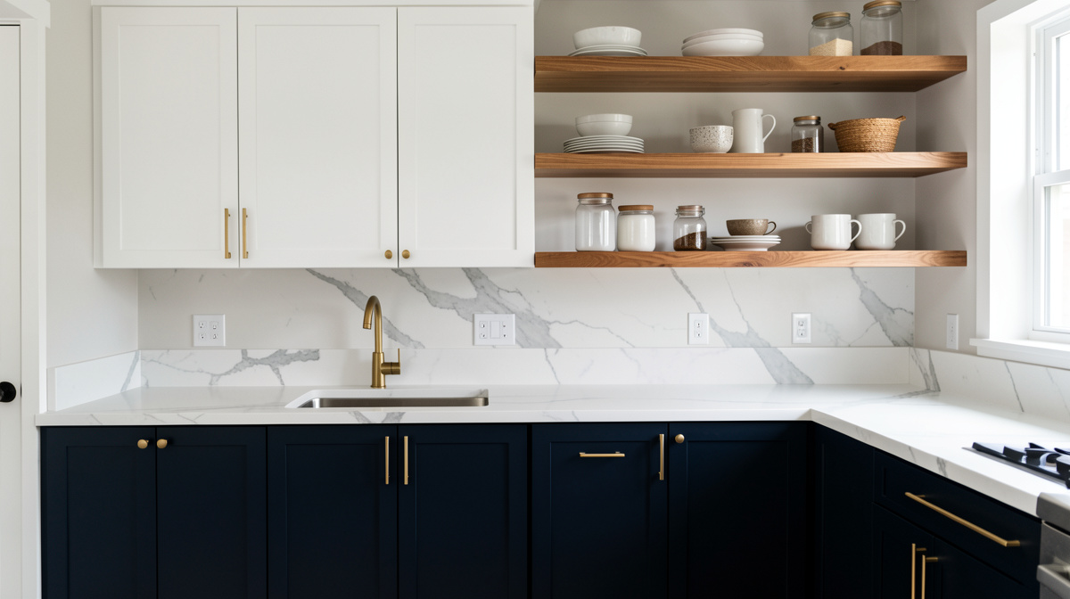 Two-tone kitchen with navy lower cabinets, white upper cabinets, marble counter, and brass hardware