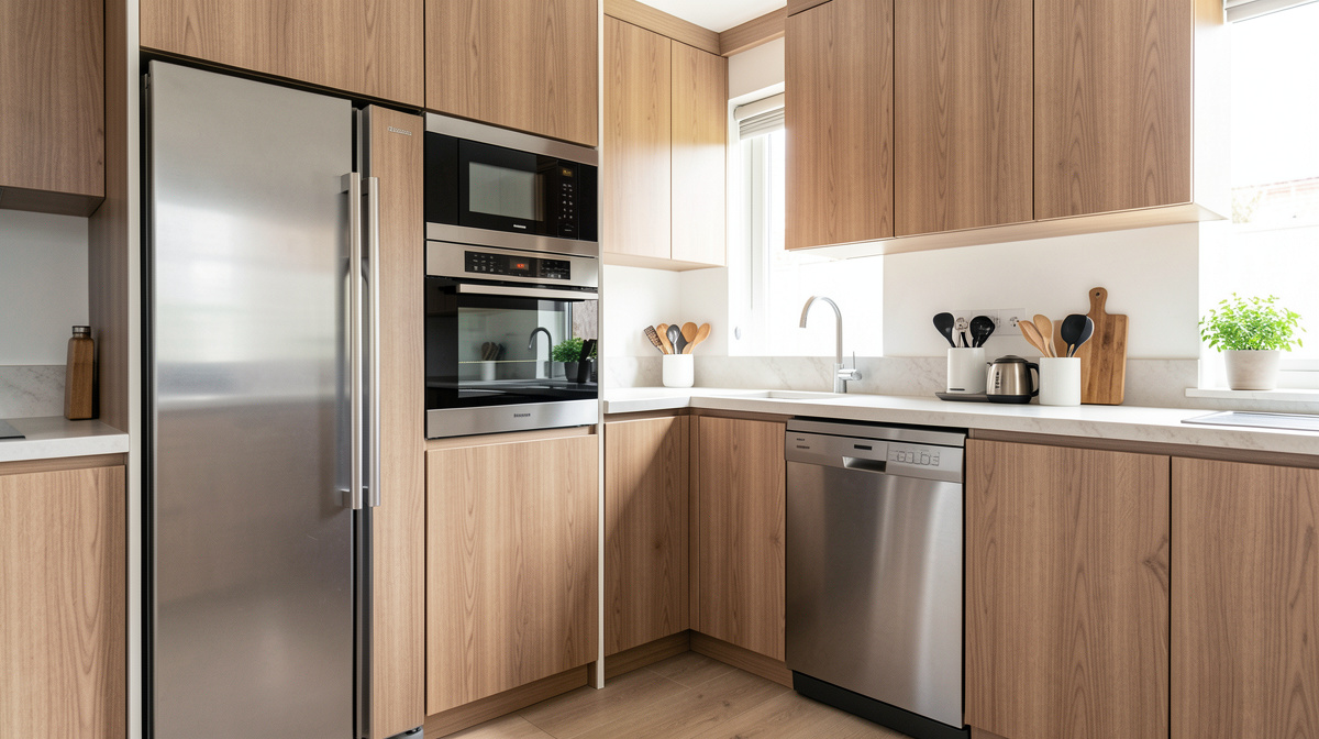 Modern kitchen with panel-ready refrigerator matching cabinet fronts and matte black range