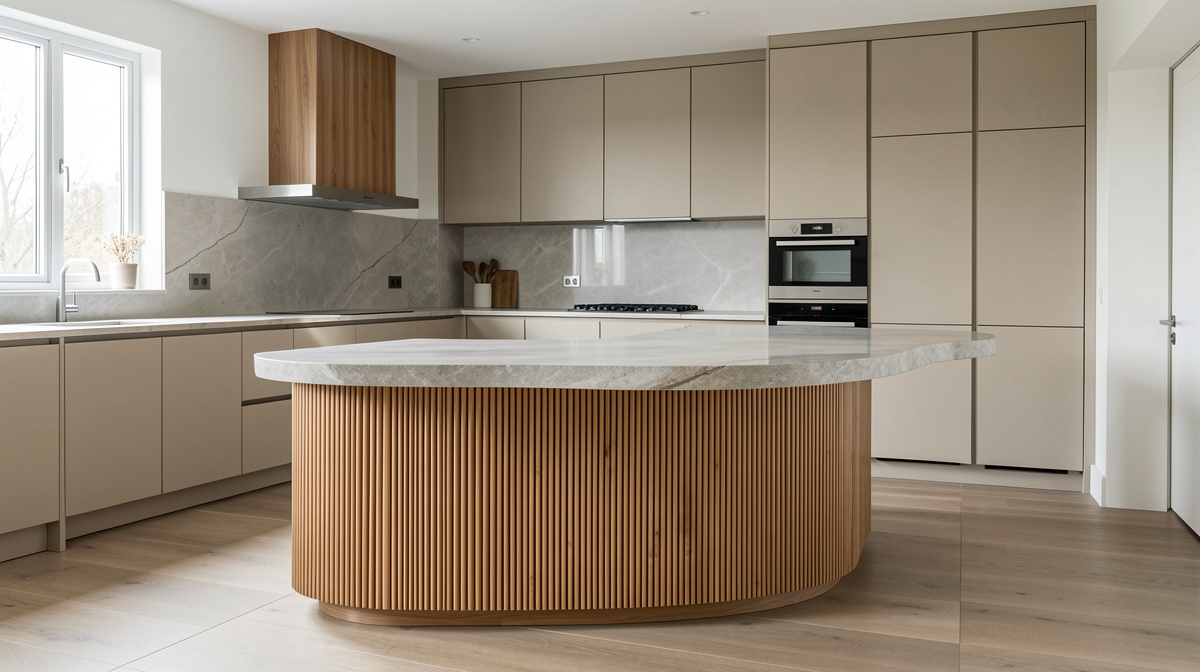 Kitchen island with curved end, waterfall marble edge and integrated seating on one side