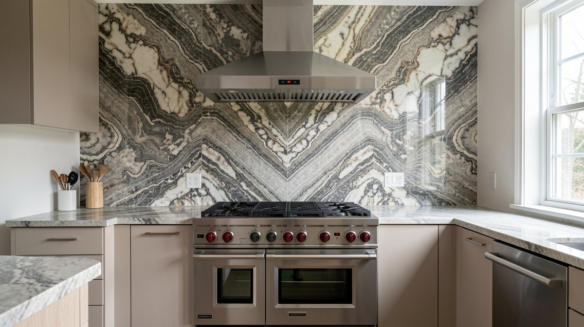 Kitchen with full-height marble backsplash from countertop to ceiling behind stove and hood