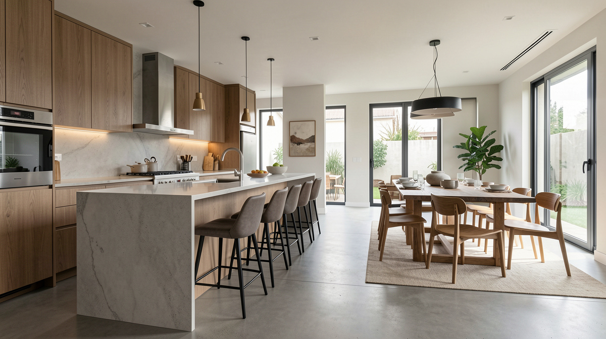 Kitchen that flows directly into a dining area with a large table, no visual separation between zones