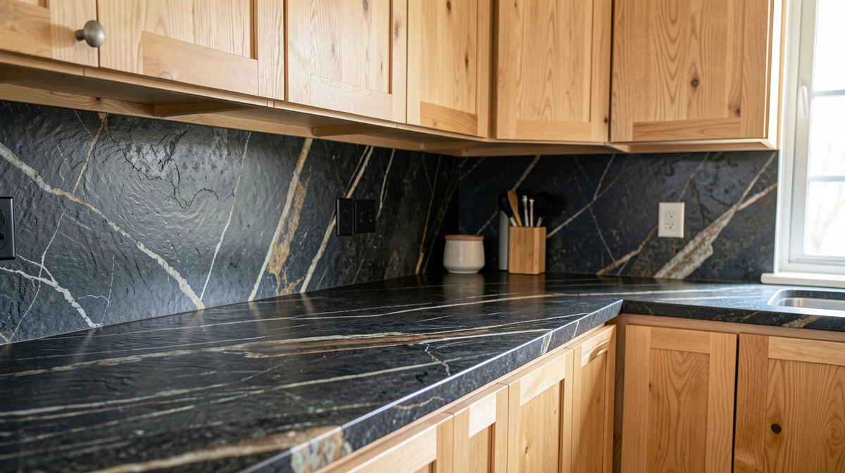 Kitchen countertop comparison showing quartzite, soapstone and heavily veined marble slabs