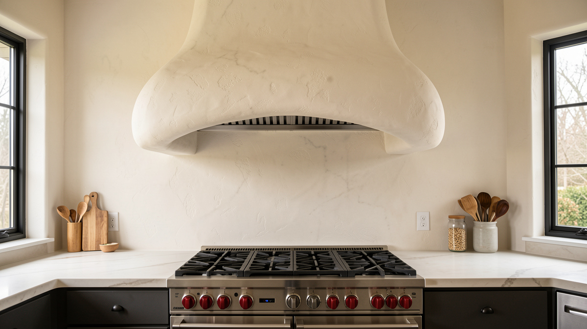 Kitchen with custom plaster range hood in arched shape over a professional-style range
