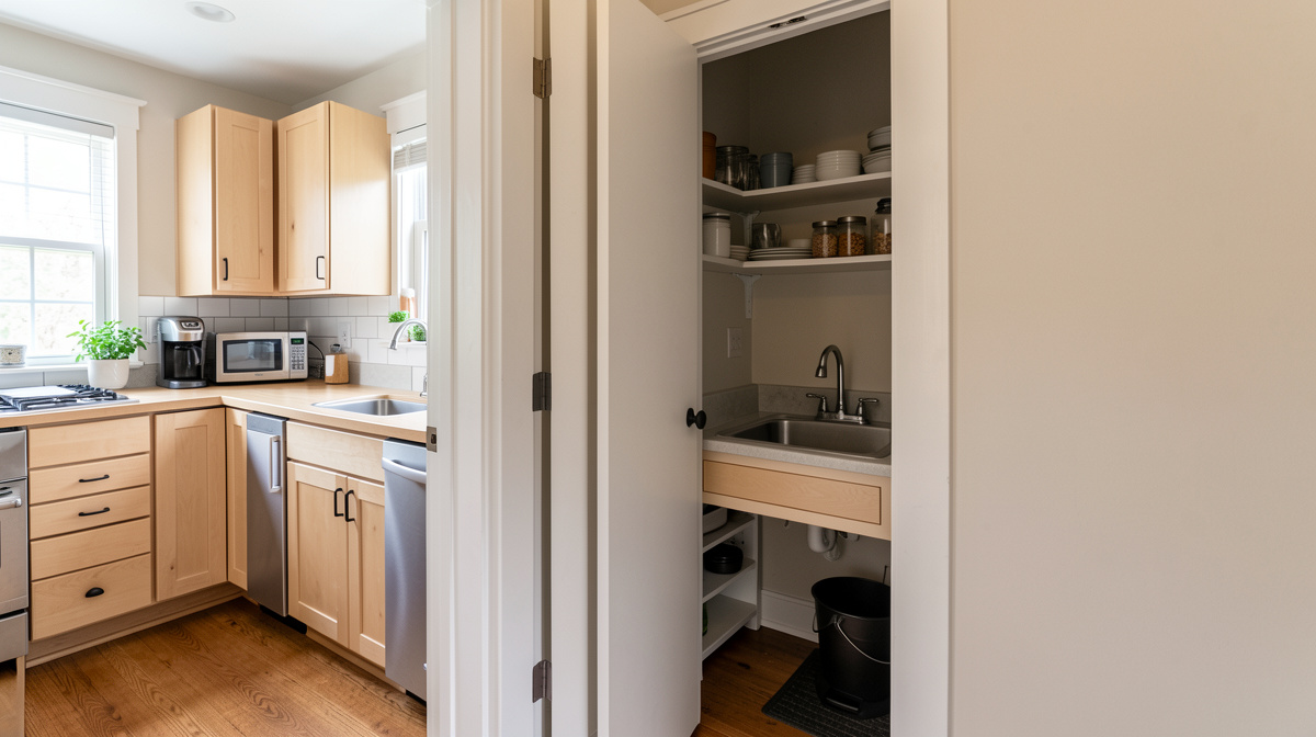 View from a main kitchen into a secondary scullery kitchen with extra sink, storage and prep space