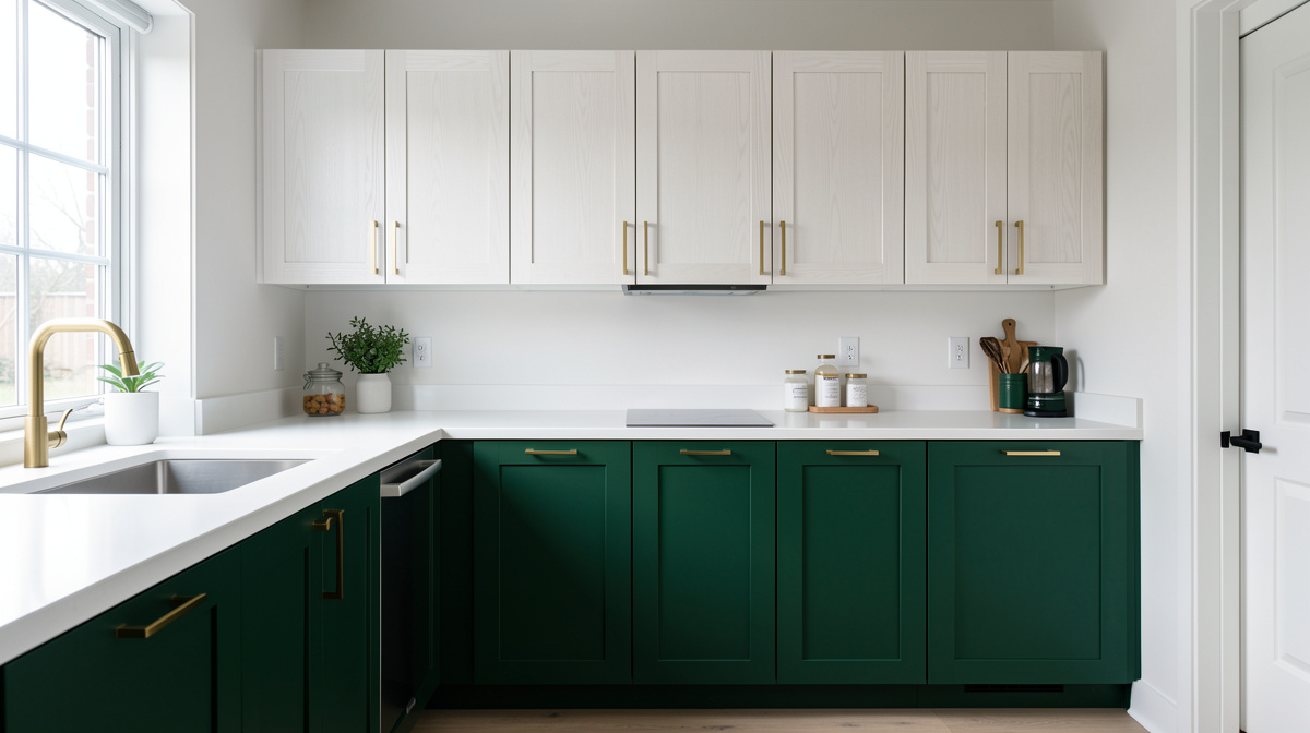 Kitchen with dark green lower cabinets, white upper cabinets, brass hardware and open shelving section