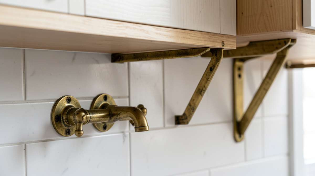 Close-up of kitchen cabinet with unlacquered brass knobs and pulls showing natural patina