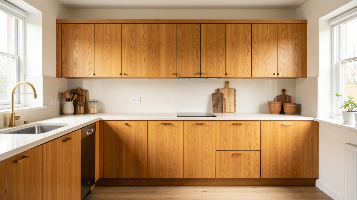 Kitchen with white oak slab-front cabinets, warm brass hardware and marble countertop