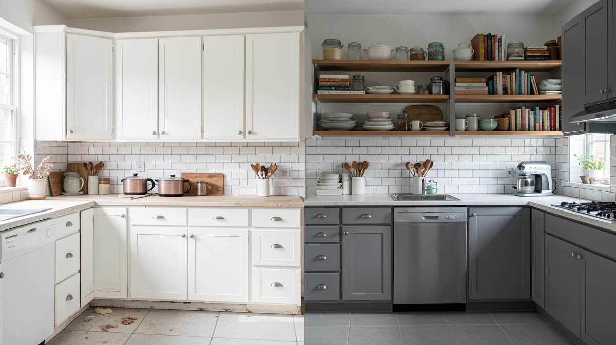 Side by side comparison of a dated gray-and-white kitchen versus a warm updated version