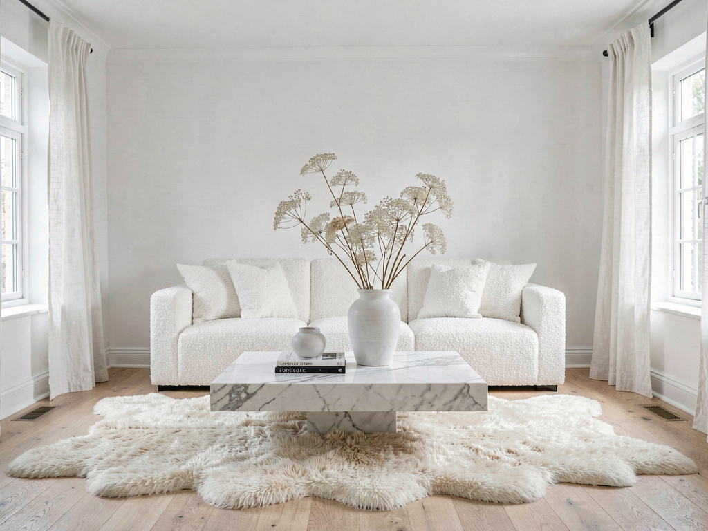 Living room color ideas all-white room with bouclé sofa, marble table and sheepskin rug