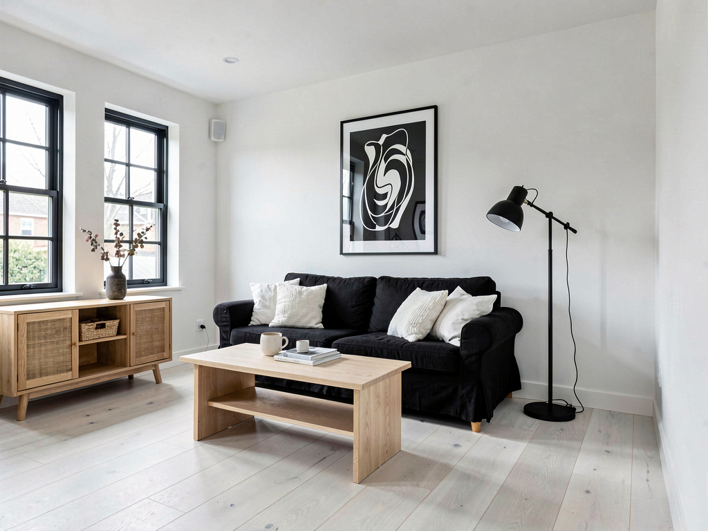 Living room color ideas black white and wood with black sofa and ash coffee table