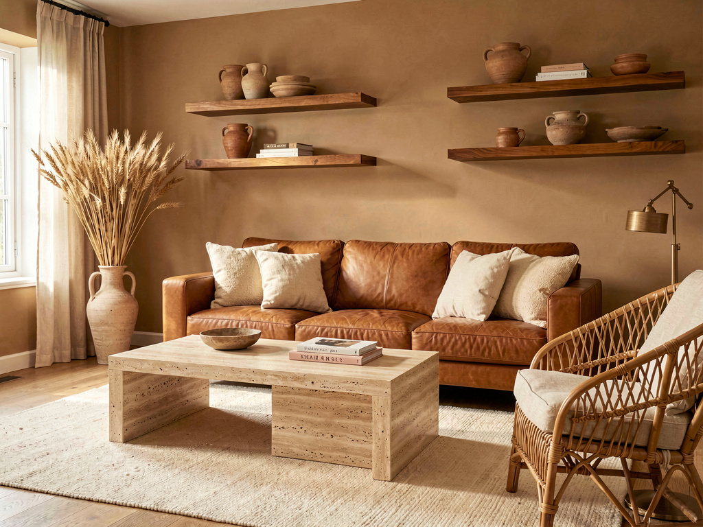 Living room color ideas caramel leather sofa with cream accents and travertine table
