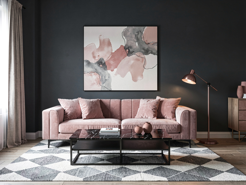 Living room color ideas charcoal gray walls with blush pink velvet sofa