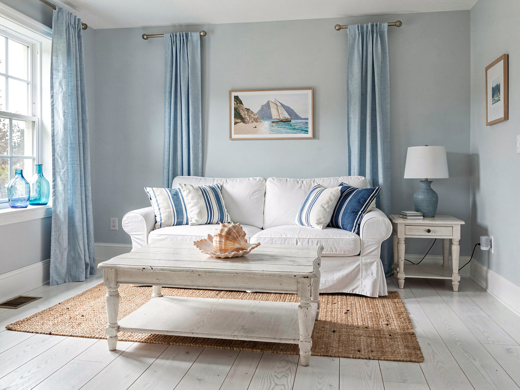 Living room color ideas coastal palette with pale blue walls and white slipcovered sofa