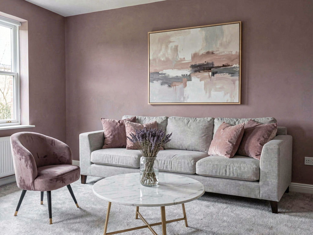 Living room color ideas mauve walls with gray linen sofa and dusty rose accents