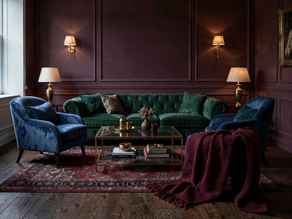 Living room color ideas with emerald green sofa, plum walls and sapphire armchair