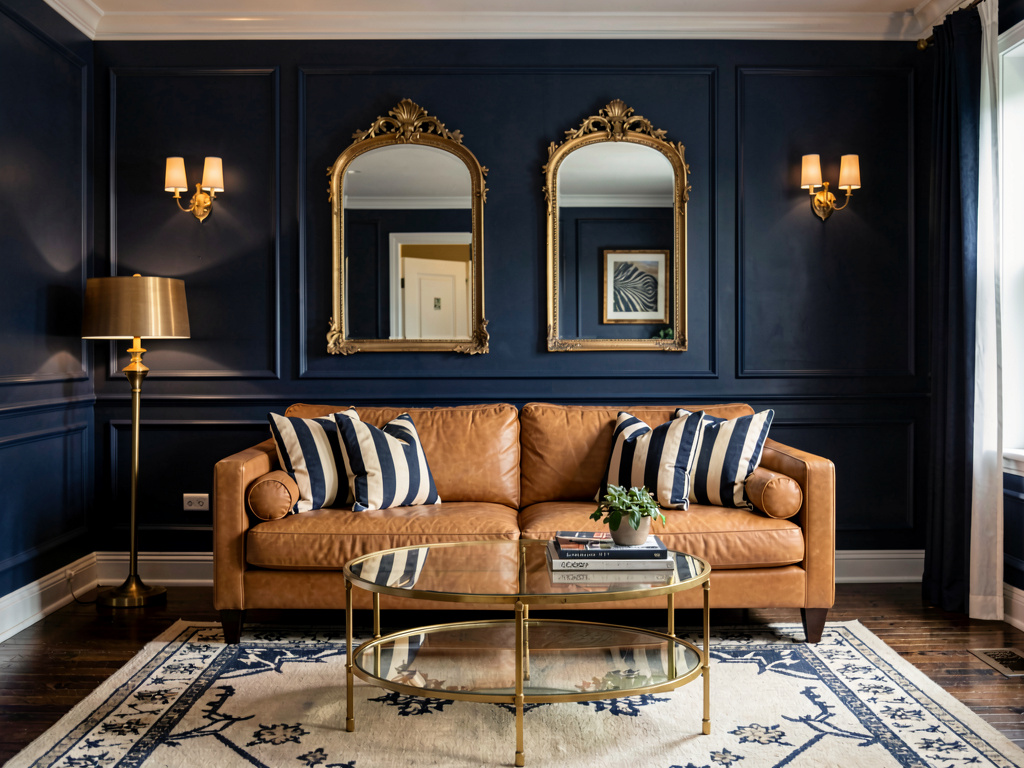 Living room color ideas navy blue walls with gold accents and leather sofa