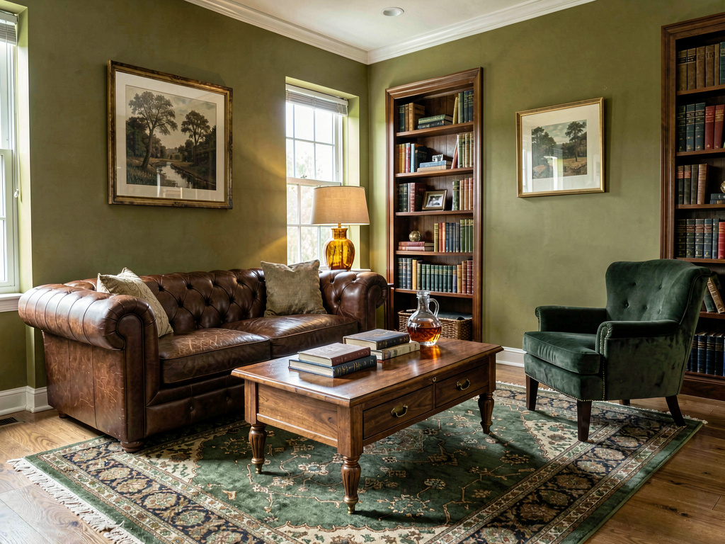 Living room color ideas olive green walls with walnut leather chesterfield sofa