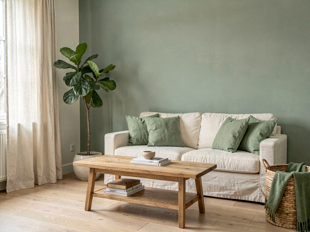 Living room color ideas sage green walls with cream linen sofa and natural wood