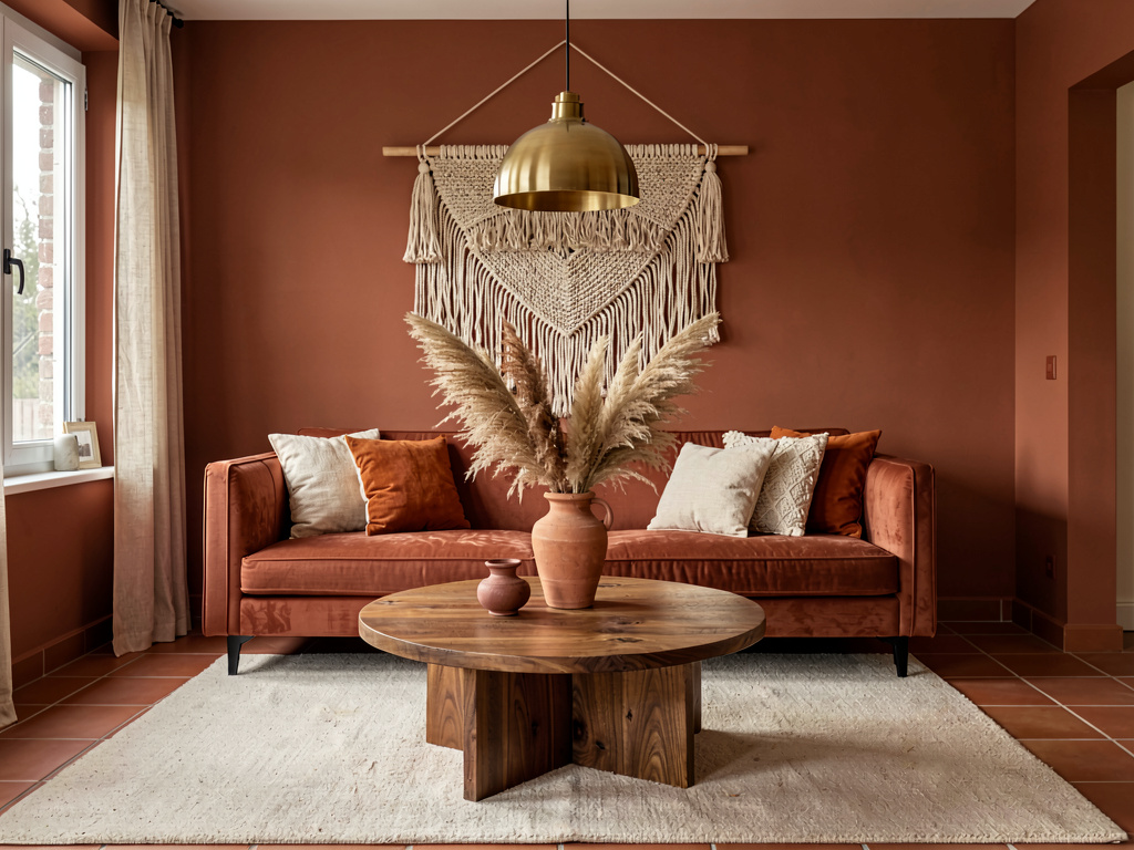 Living room color ideas terracotta walls with rust velvet sofa and dried pampas grass