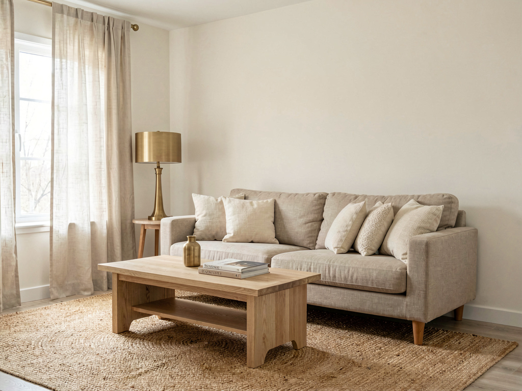 Living room color ideas warm white and beige palette with linen sofa and oak coffee table