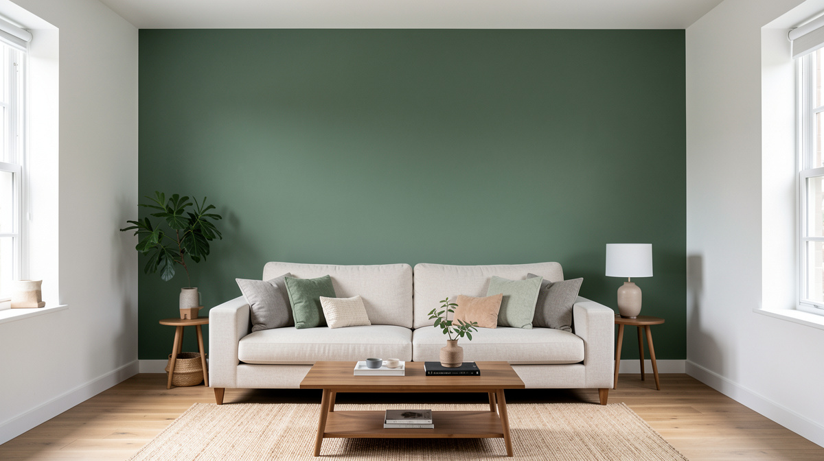 Living room with a warm clay accent wall behind the sofa, rest of walls in warm white