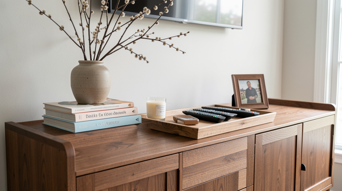 Living room console table with curated objects, lamp, and framed art leaned against the wall