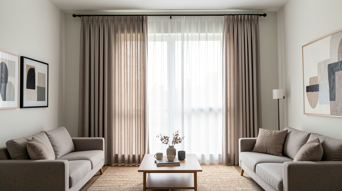 Living room with floor-to-ceiling linen curtains hung wide and high to frame the window