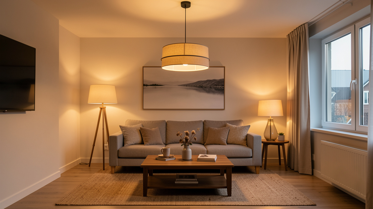 Living room with layered lighting — floor lamp, table lamps, and a pendant light creating warm pools