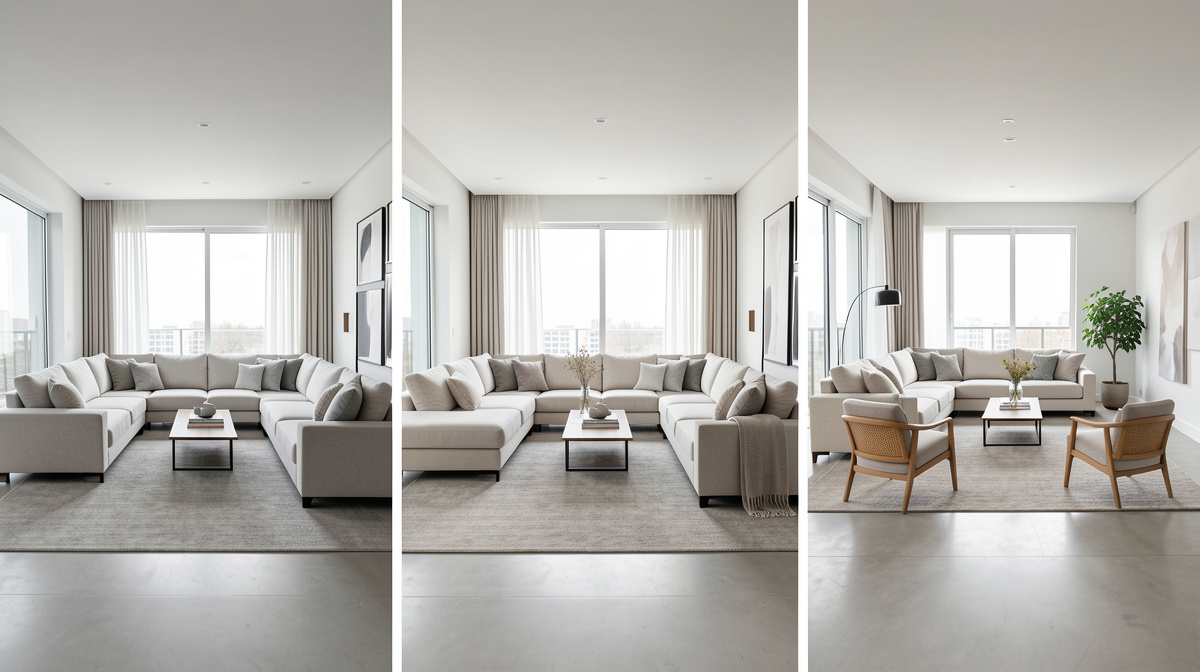 Overhead view of a living room showing three different furniture arrangements