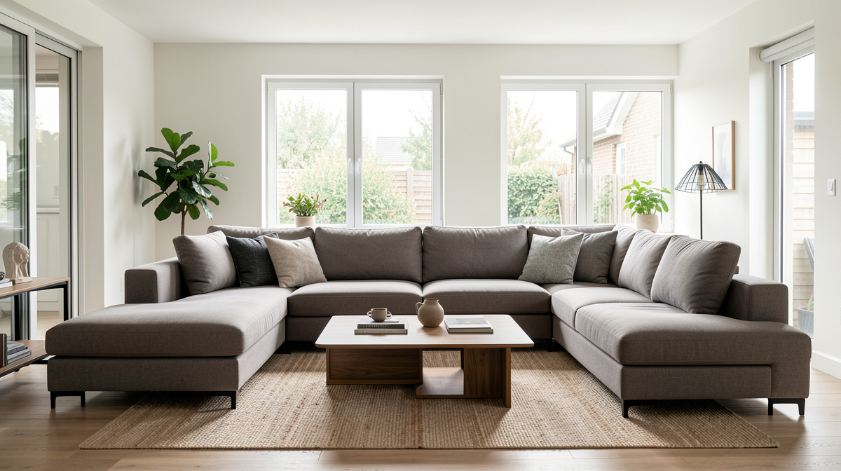 Modern living room with a new linen sofa in warm ivory, walnut legs, clean lines