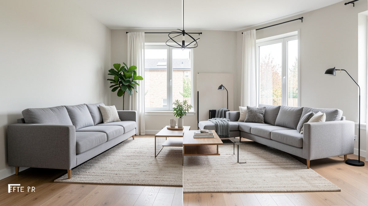 Living room before and after furniture rearrangement showing improved conversation layout