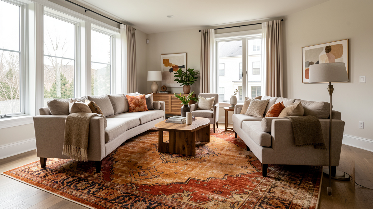 Living room with a properly sized area rug anchoring the seating arrangement