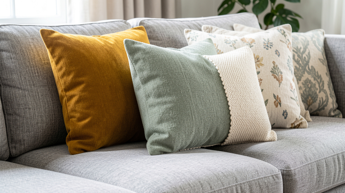 Close-up of a sofa with coordinated throw pillows in different textures — linen, velvet, and knit