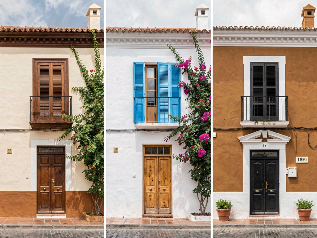 Misma casa colonial renderizada en tres esquemas de color exterior diferentes