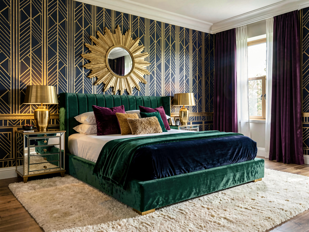 Art Deco master bedroom ideas with emerald velvet and gold accents