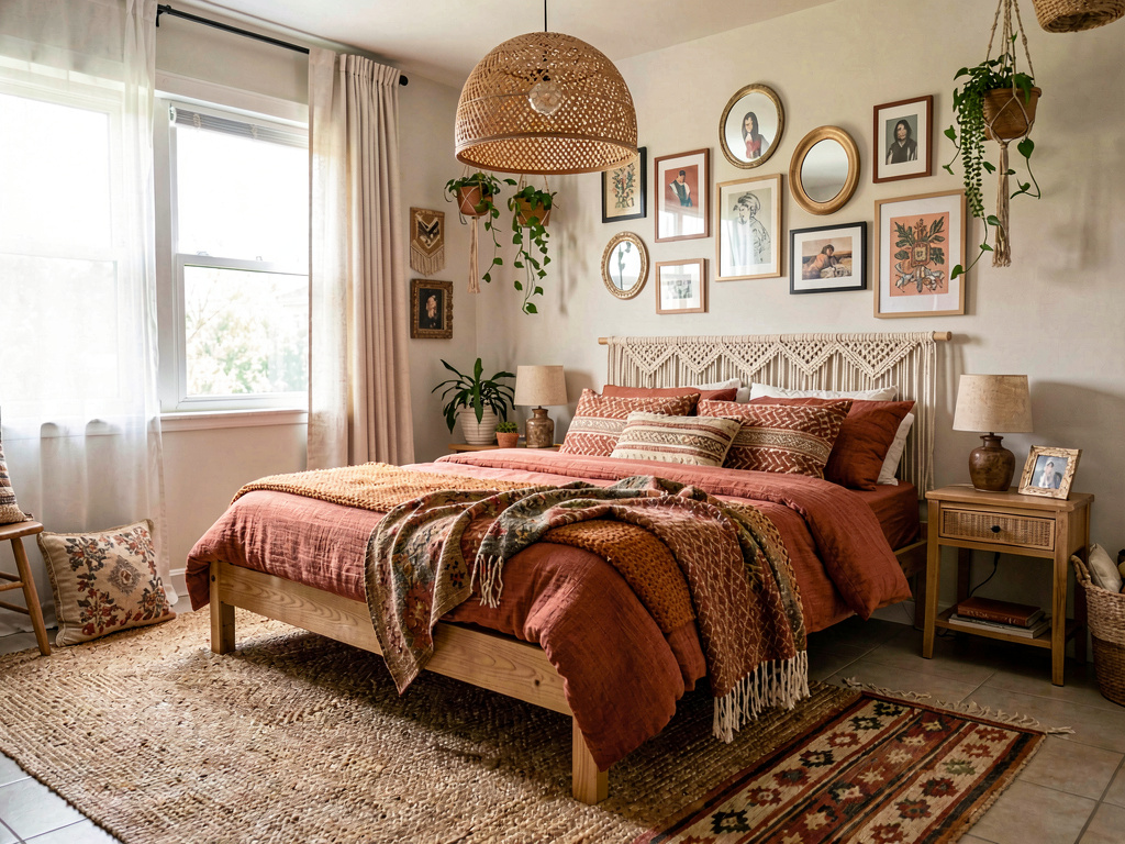 Bohemian master bedroom ideas with macrame headboard and layered textiles
