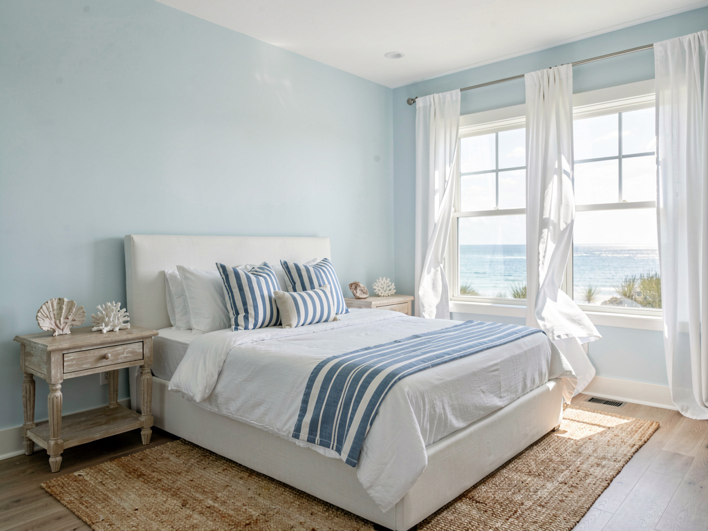Coastal master bedroom ideas with white and blue color scheme