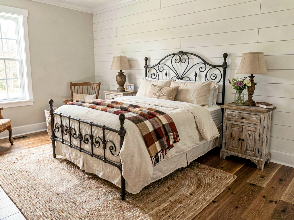 Farmhouse master bedroom ideas with shiplap accent wall and iron bed frame