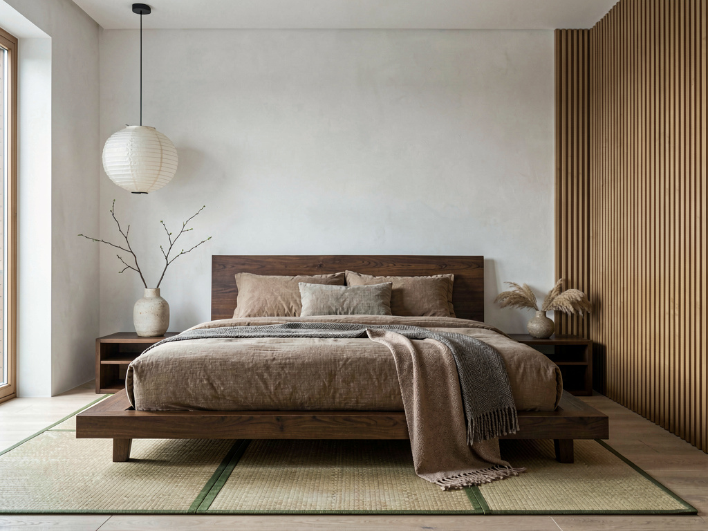 Japandi master bedroom ideas with low platform bed and natural materials