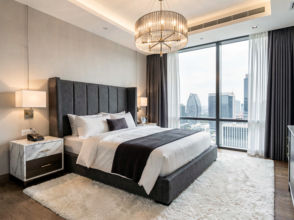 Luxury modern master bedroom ideas with floor-to-ceiling windows and statement chandelier