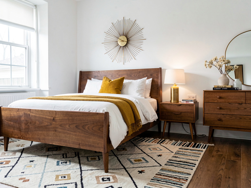 Mid-century modern master bedroom ideas with walnut furniture and retro accents