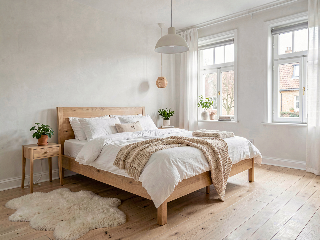 Scandinavian master bedroom ideas with light oak furniture and white linen