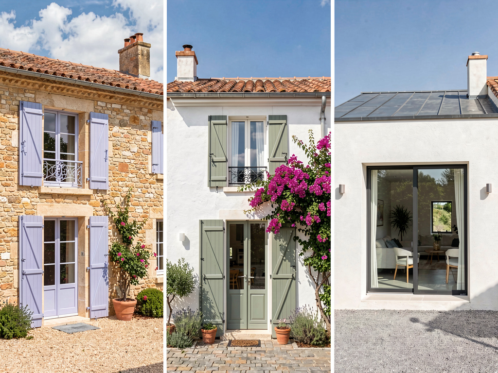 Même maison rendue dans trois directions de style extérieur différentes