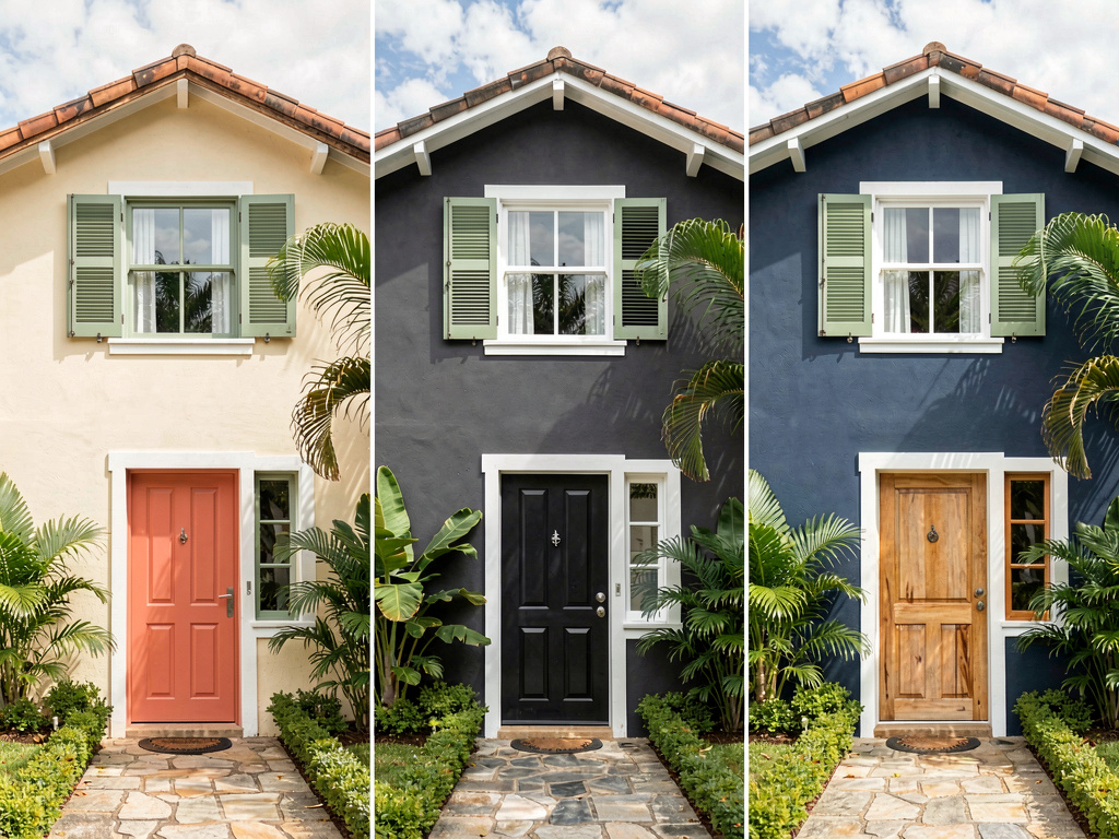 Mesma casa brasileira renderizada em três esquemas de cores externas diferentes
