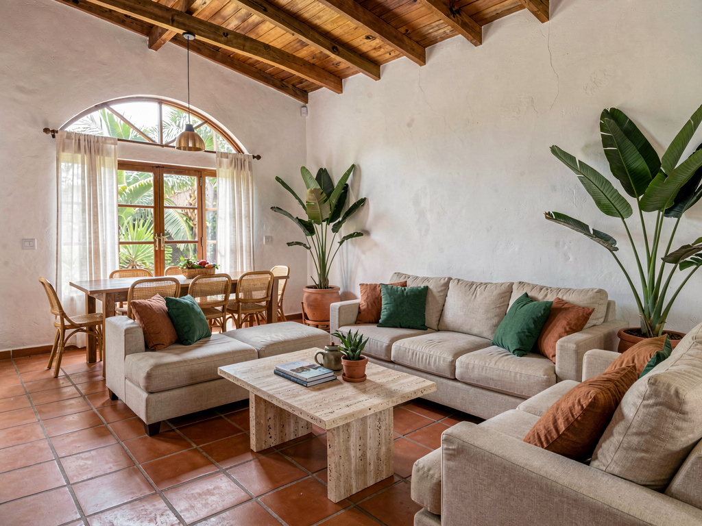 Sala de estar brasileira reformada com decoração tropical moderna
