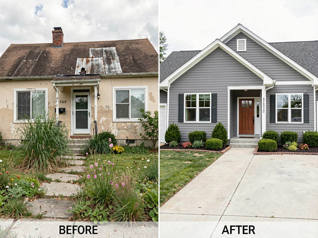 Antes e depois de uma renovacao de fachada — casa antiga com pintura desbotada transformada em fachada moderna com revestimento cinza e paisagismo atualizado