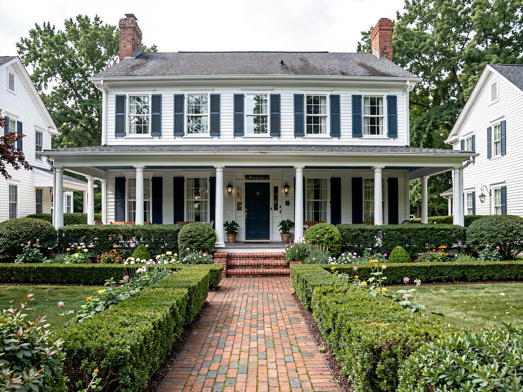 Casa no estilo colonial com paredes brancas, persianas azuis escuras, varanda coberta com colunas e jardim com sebes — gerada pelo Remodel AI